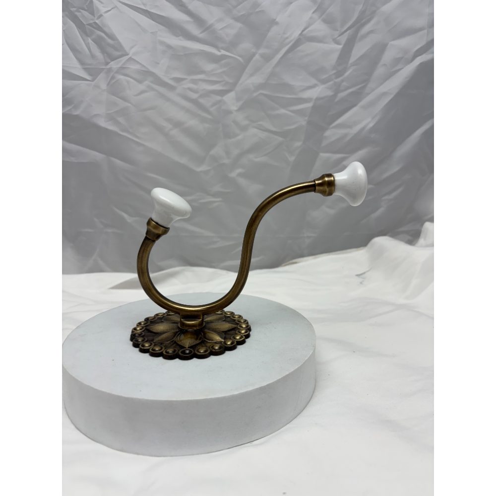 Signature Hardware Beaded Floral Brass Double Hook with Porcelain Knobs