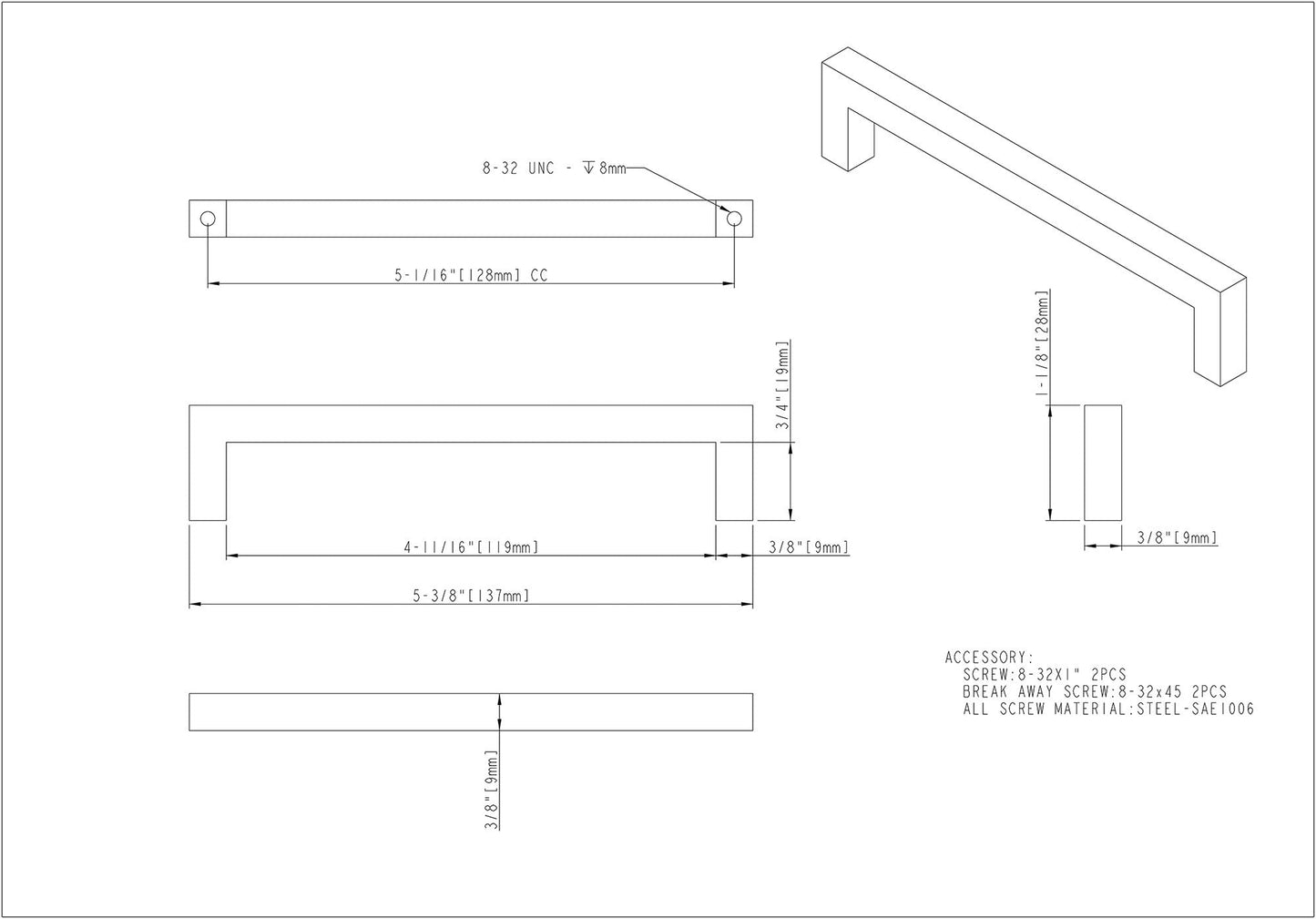 Elements Stanton 5" (128mm) Matte Black Cabinet Bar Pull