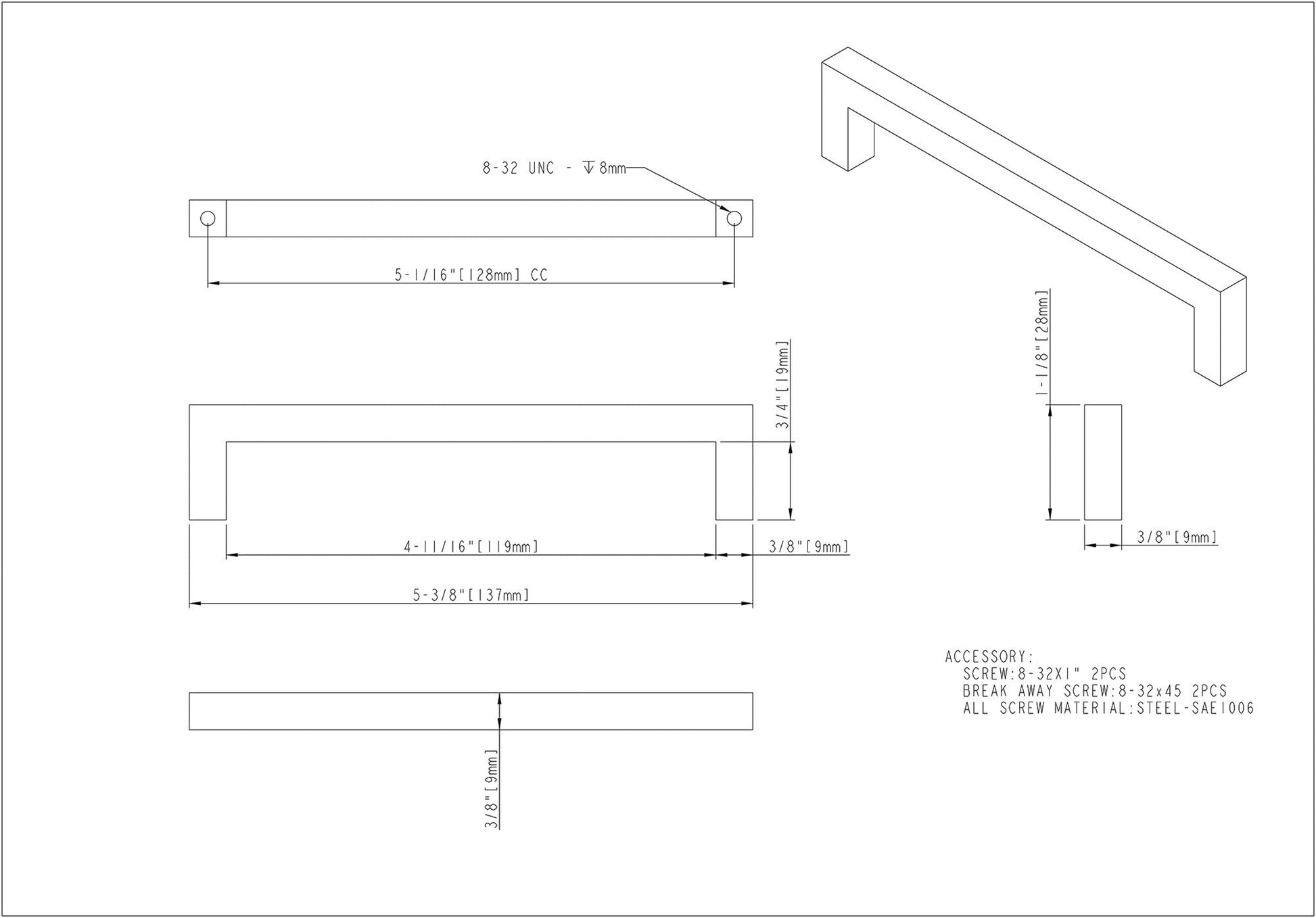 Elements Stanton 5" (128mm) Matte Black Cabinet Bar Pull