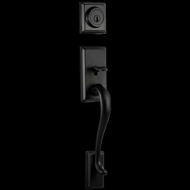 NEW Kwikset Matte Black Smartkey Modern Door Handle Set- Exterior Pack