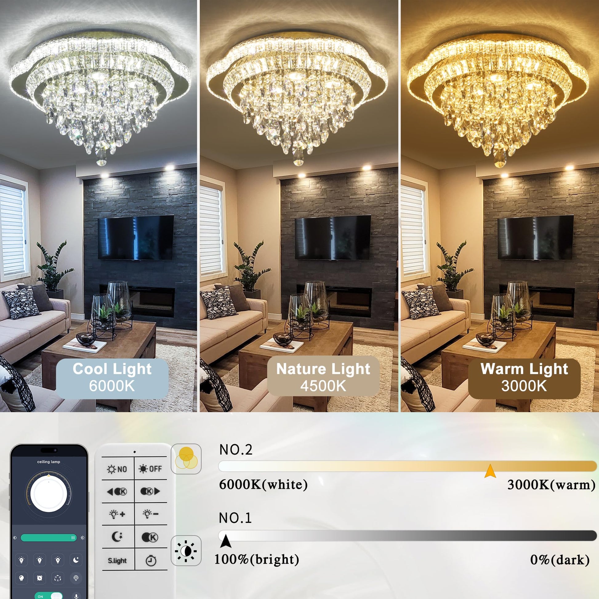 OSGNER 24" Gold Crystal LED Ceiling Light with Remote Control,Flush Mount Chandelier with 3-Color Dimmable for Living Room Bedroom Dining Room Hallway - Modern Flower Design