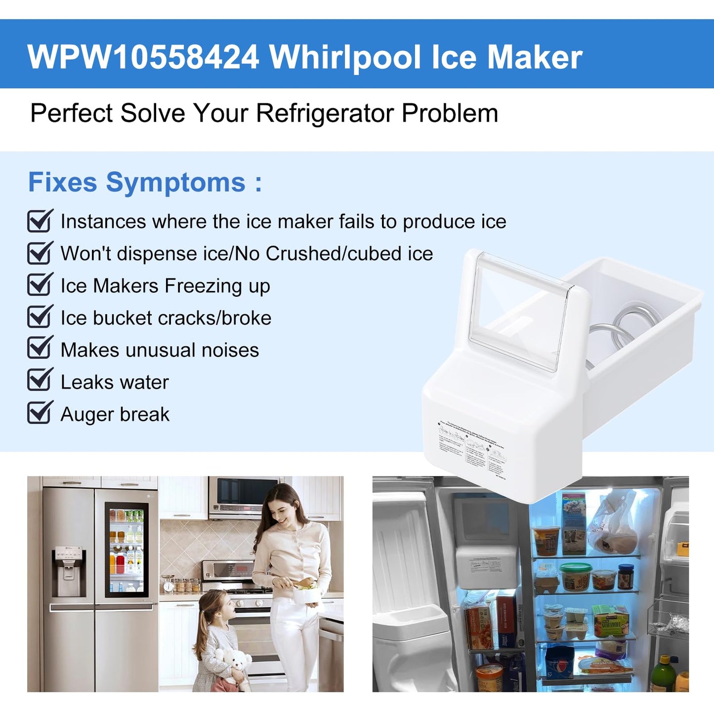 Upgraded WPW10558424 Refrigerator Ice Bucket Compatible with Whirlpool Ice Bin Replacement W10558424 Whirlpool Ice Maker Replacement WRS321SDHZ01 WRS321SDHZ05 WRS321SDHZ08 WRS322FDAM04 Ice Maker Tray