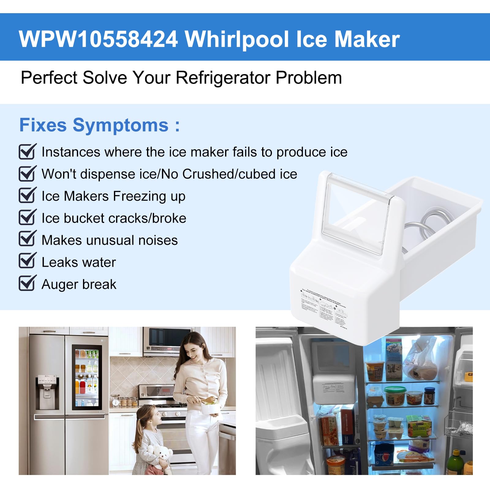 Upgraded WPW10558424 Refrigerator Ice Bucket Compatible with Whirlpool Ice Bin Replacement W10558424 Whirlpool Ice Maker Replacement WRS321SDHZ01 WRS321SDHZ05 WRS321SDHZ08 WRS322FDAM04 Ice Maker Tray