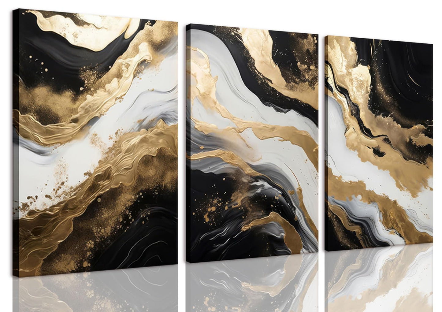 ZQARTZZQ 3 Piece Framed Wall Art Abstract Wall Decor Black Gold Pictures Marble Canvas Art Modern Minimalism Paintings Artwork For Living Room Bedroom Office 16x24in
