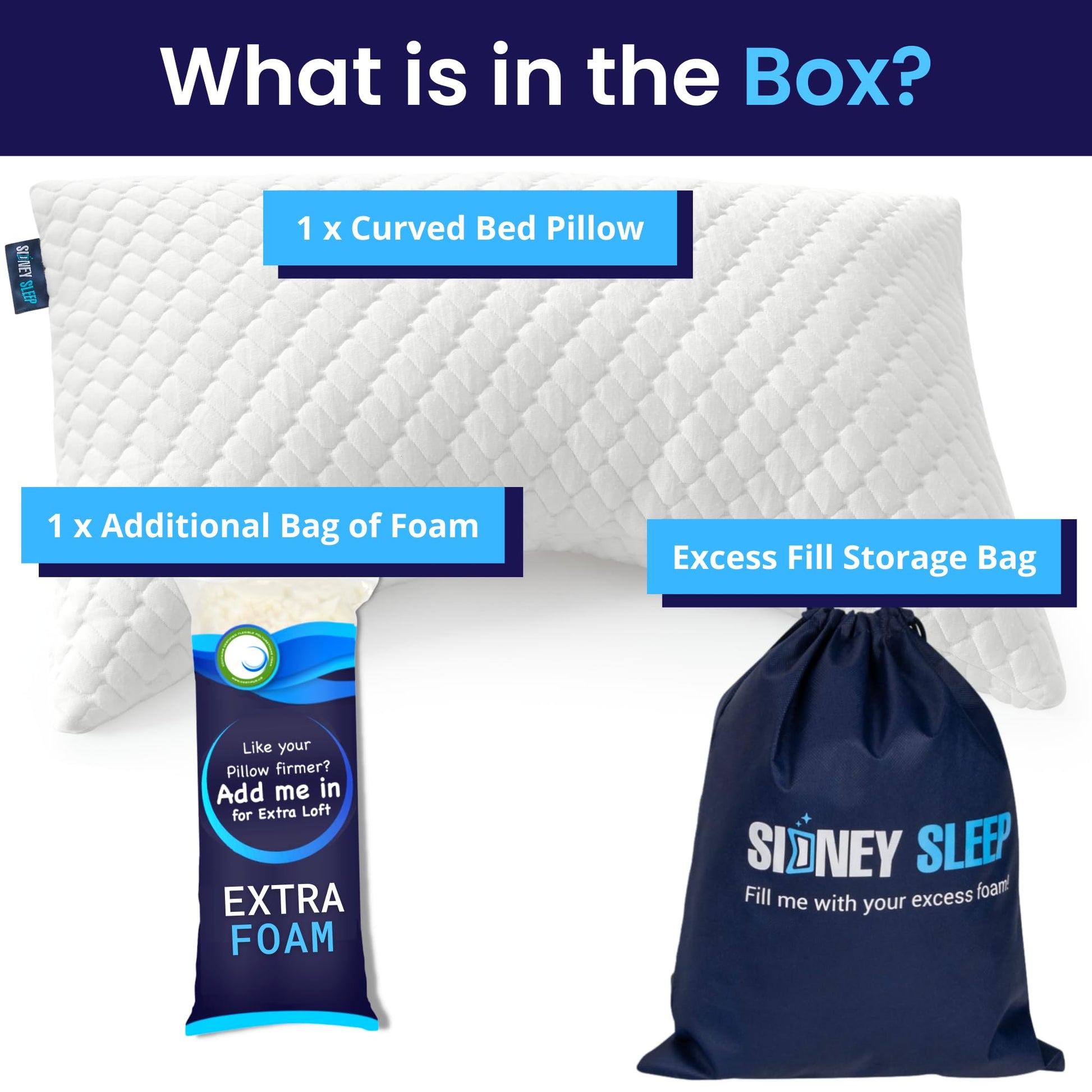 Sidney Sleep Adjustable Curved Contour Fill Pillow – Queen Size – for Side and Back Sleepers – Neck & Shoulder Comfort Support – Extra Fill Included (White)