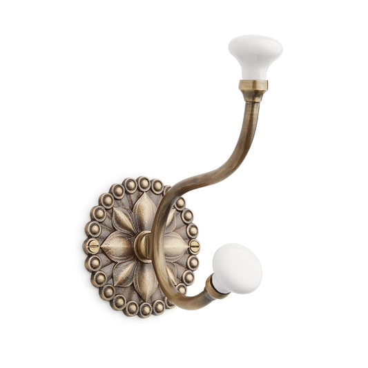 Signature Hardware Beaded Floral Brass Double Hook with Porcelain Knobs