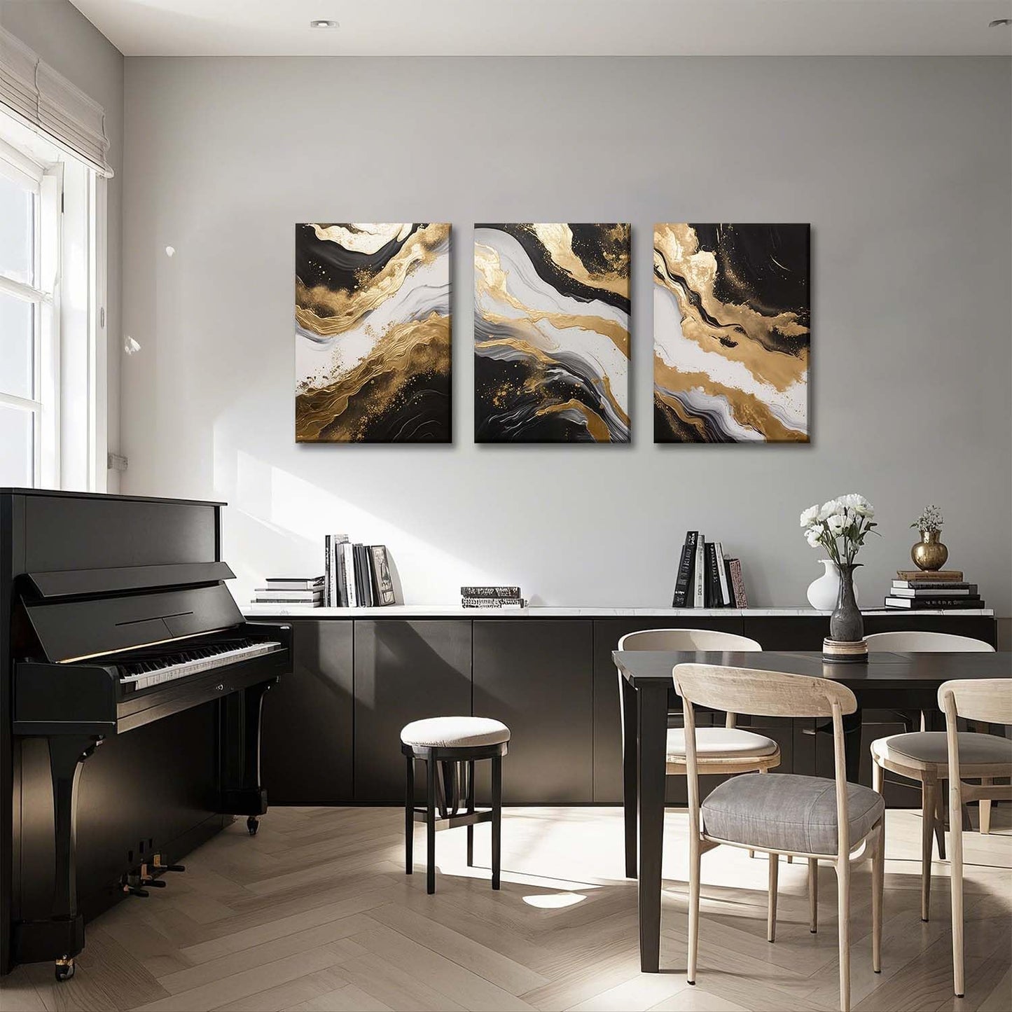 ZQARTZZQ 3 Piece Framed Wall Art Abstract Wall Decor Black Gold Pictures Marble Canvas Art Modern Minimalism Paintings Artwork For Living Room Bedroom Office 16x24in