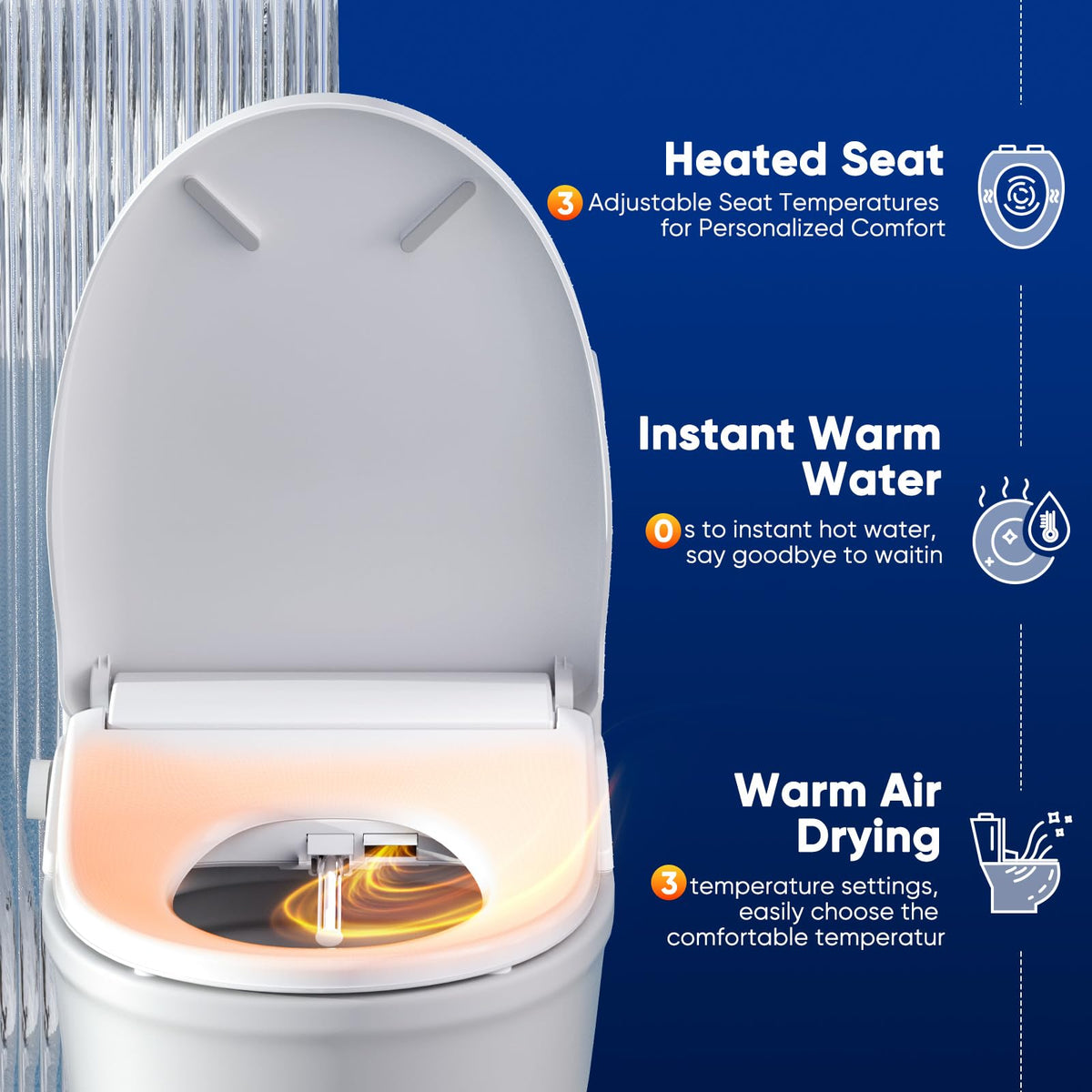 FVZ Bidet Toilet Seat Elongated Smart Heated Toilet Seat with Warm Water & Dryer, Feminine & Child Wash, Self-Clean Stainless Steel Nozzle, Adjustable Water Pressure, Slow Close Lid
