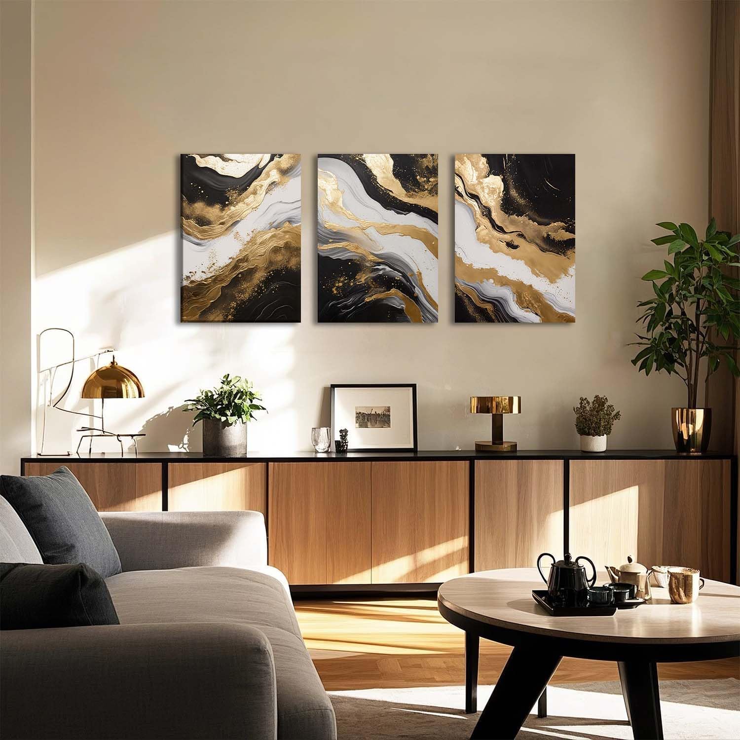 ZQARTZZQ 3 Piece Framed Wall Art Abstract Wall Decor Black Gold Pictures Marble Canvas Art Modern Minimalism Paintings Artwork For Living Room Bedroom Office 16x24in