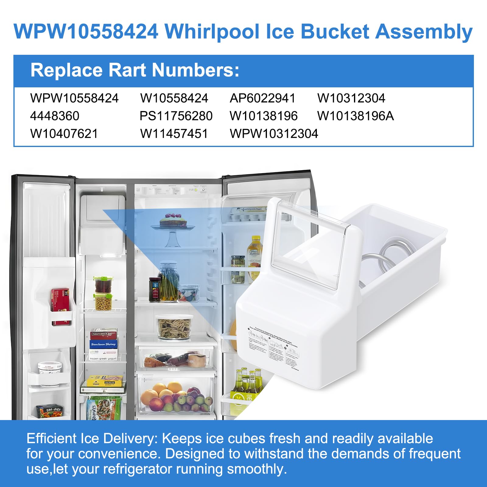 Upgraded WPW10558424 Refrigerator Ice Bucket Compatible with Whirlpool Ice Bin Replacement W10558424 Whirlpool Ice Maker Replacement WRS321SDHZ01 WRS321SDHZ05 WRS321SDHZ08 WRS322FDAM04 Ice Maker Tray