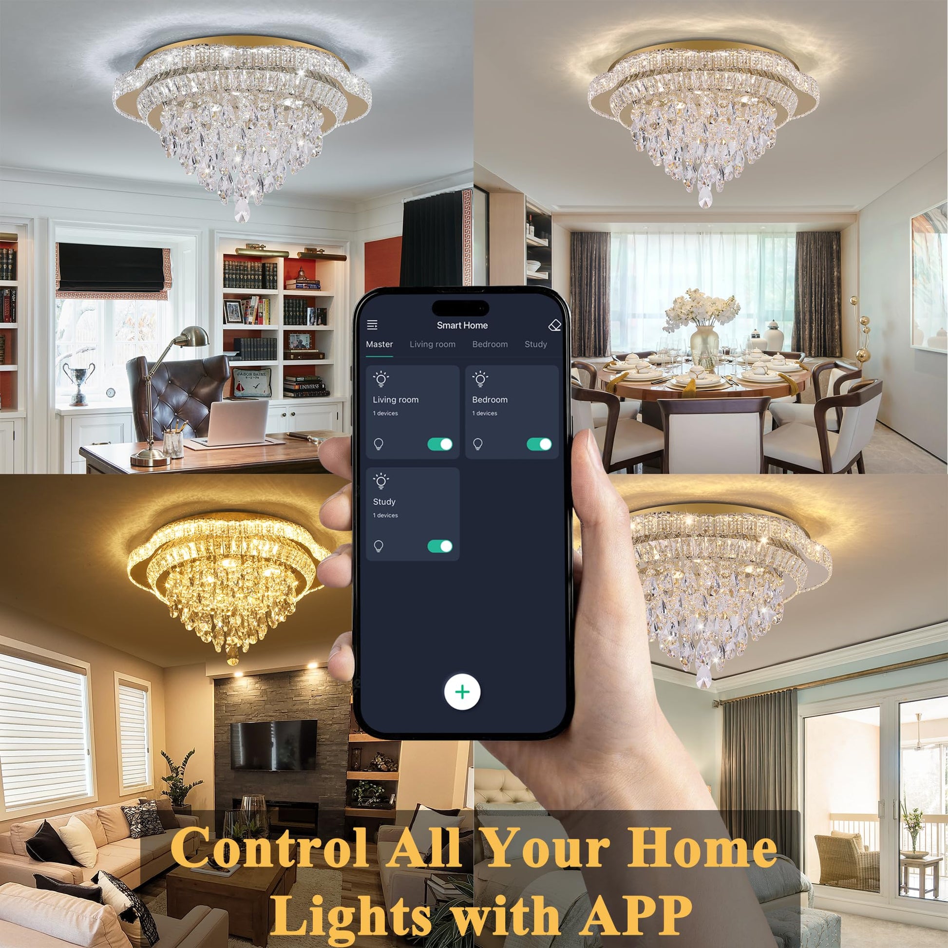 OSGNER 24" Gold Crystal LED Ceiling Light with Remote Control,Flush Mount Chandelier with 3-Color Dimmable for Living Room Bedroom Dining Room Hallway - Modern Flower Design