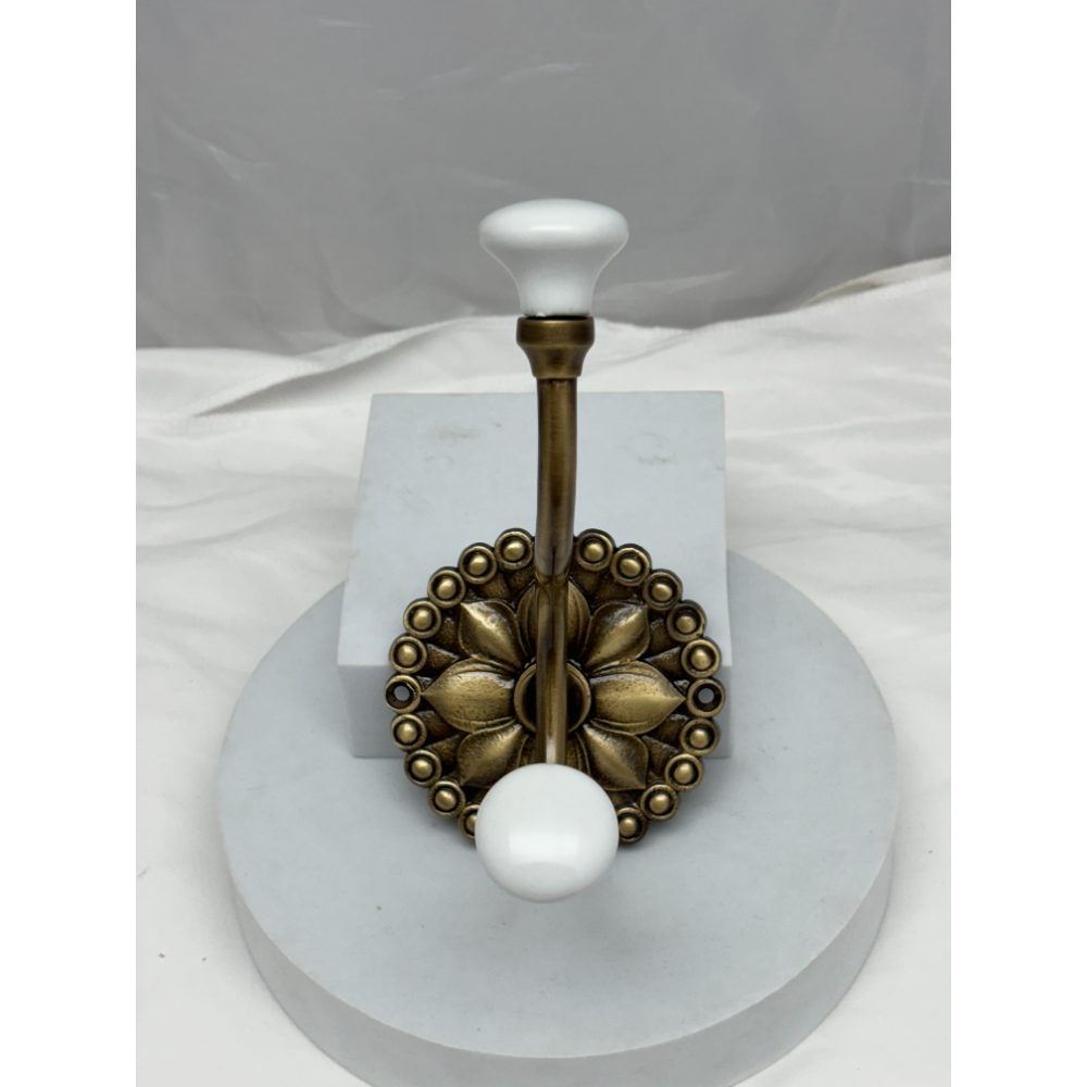 Signature Hardware Beaded Floral Brass Double Hook with Porcelain Knobs