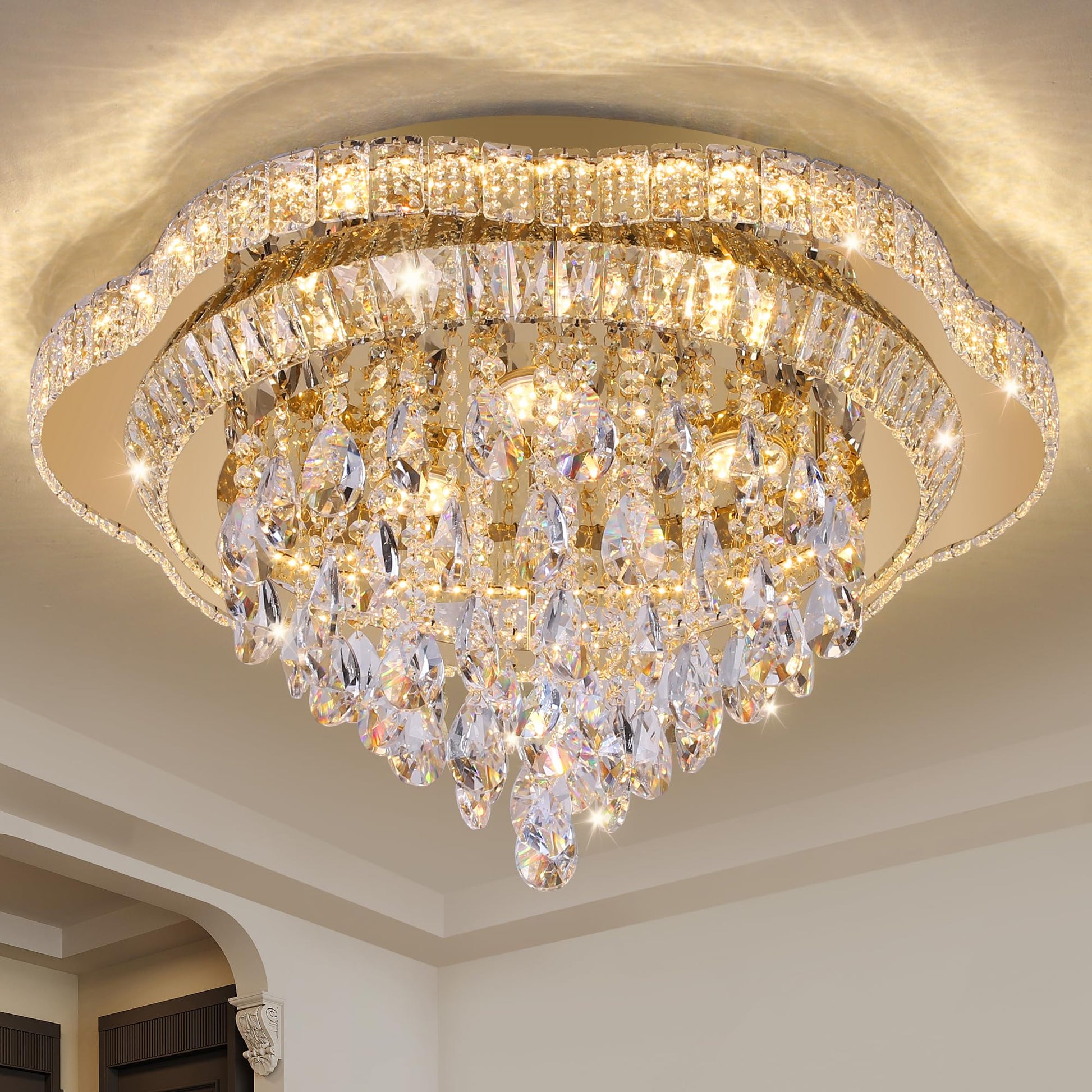 OSGNER 24" Gold Crystal LED Ceiling Light with Remote Control,Flush Mount Chandelier with 3-Color Dimmable for Living Room Bedroom Dining Room Hallway - Modern Flower Design