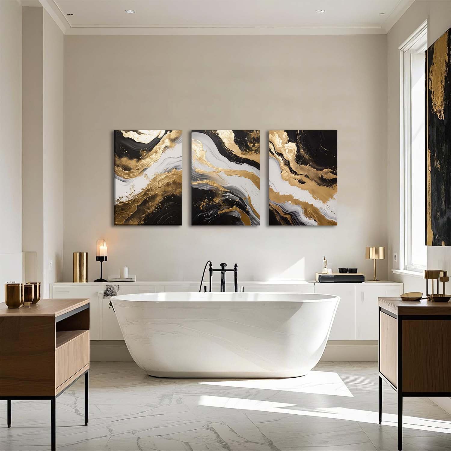 ZQARTZZQ 3 Piece Framed Wall Art Abstract Wall Decor Black Gold Pictures Marble Canvas Art Modern Minimalism Paintings Artwork For Living Room Bedroom Office 16x24in