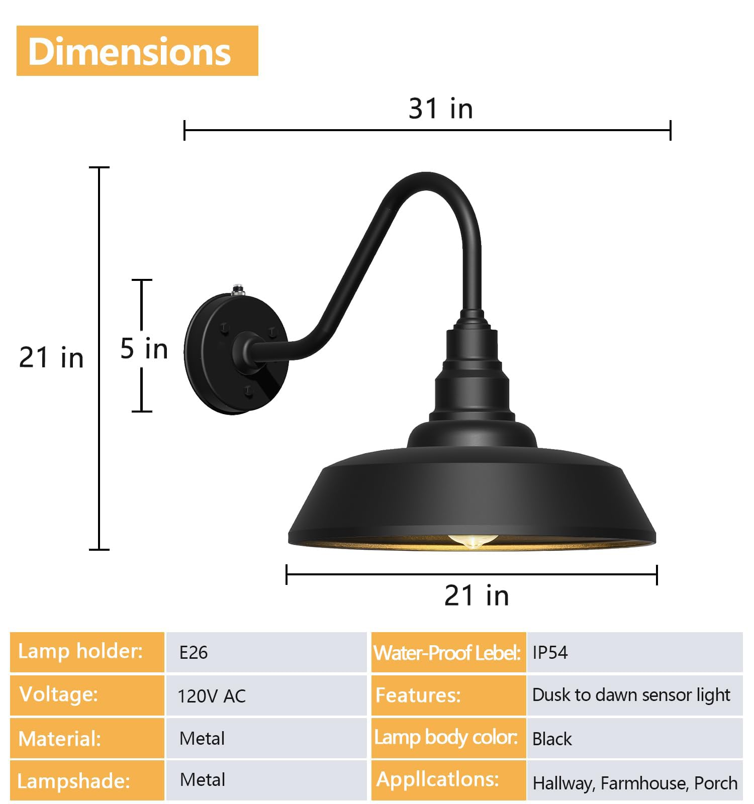 Franing 21" Large Gooseneck Barn Light Outdoor 2-Pack, Dusk to Dawn Black Exterior Light Fixture for Farmhouse, Porch, Patio, Gooseneck Lighting