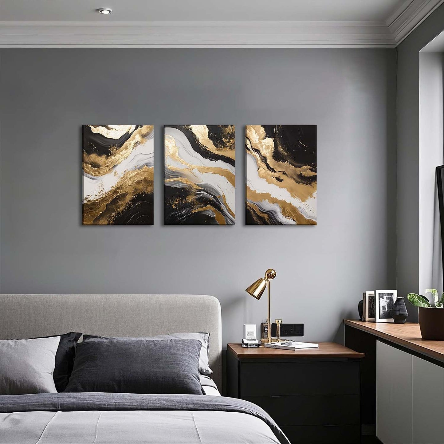 ZQARTZZQ 3 Piece Framed Wall Art Abstract Wall Decor Black Gold Pictures Marble Canvas Art Modern Minimalism Paintings Artwork For Living Room Bedroom Office 16x24in