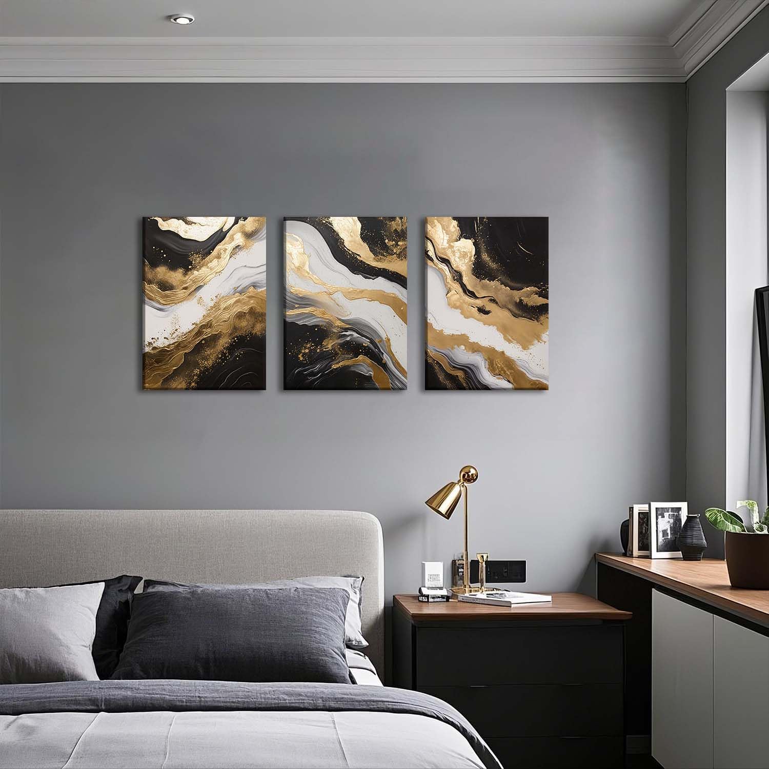 ZQARTZZQ 3 Piece Framed Wall Art Abstract Wall Decor Black Gold Pictures Marble Canvas Art Modern Minimalism Paintings Artwork For Living Room Bedroom Office 16x24in