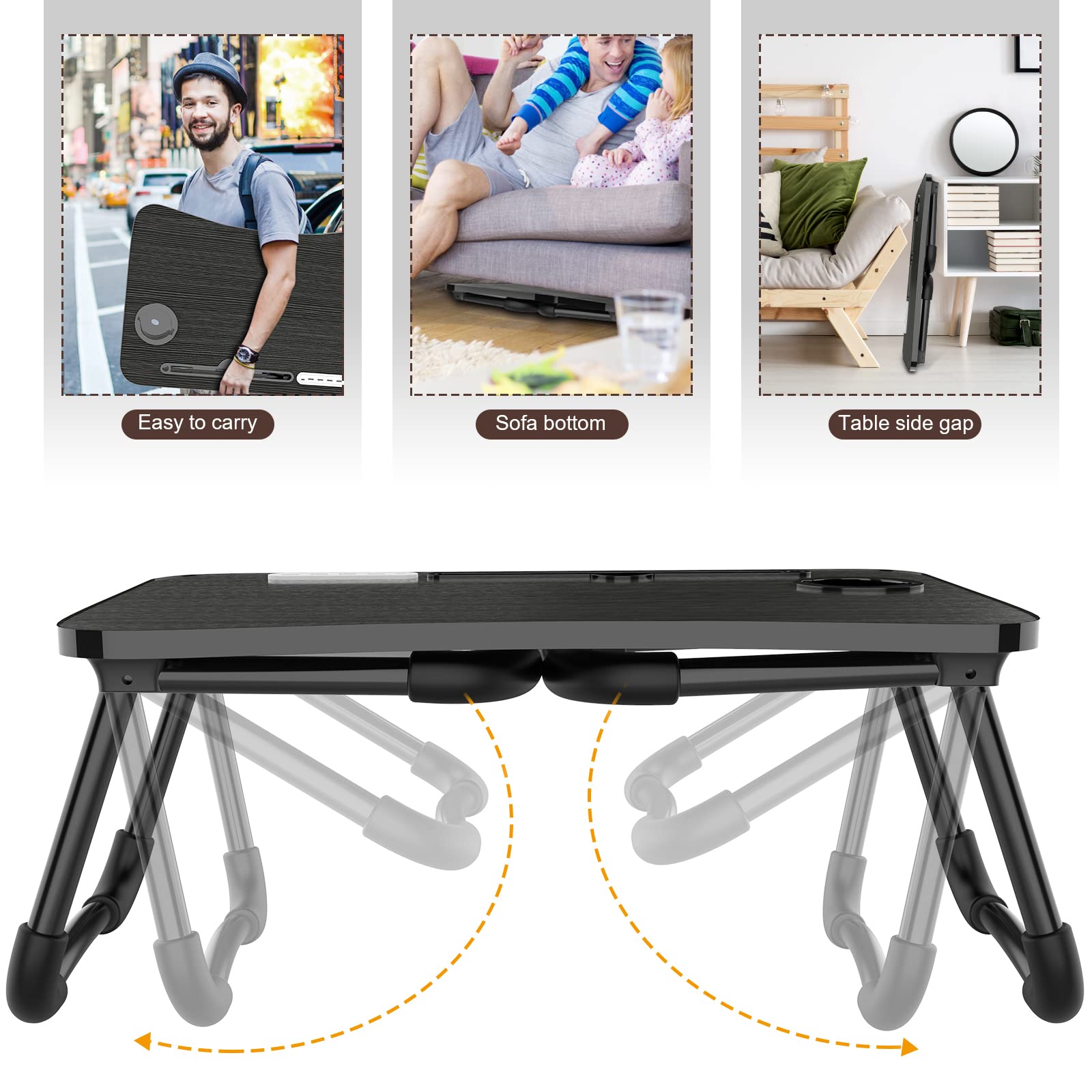 Zapuno Laptop Lap Desk, Foldable Laptop Table Tray with 4 USB Ports Storage Drawer and Cup Holder, Lap Bed Desk Notebook Stand Laptray Portable Standing Table for Bed Couch Floor