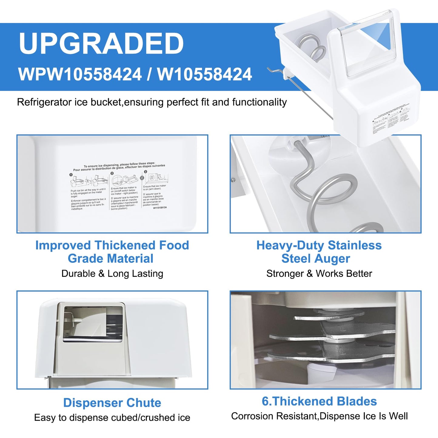 Upgraded WPW10558424 Refrigerator Ice Bucket Compatible with Whirlpool Ice Bin Replacement W10558424 Whirlpool Ice Maker Replacement WRS321SDHZ01 WRS321SDHZ05 WRS321SDHZ08 WRS322FDAM04 Ice Maker Tray