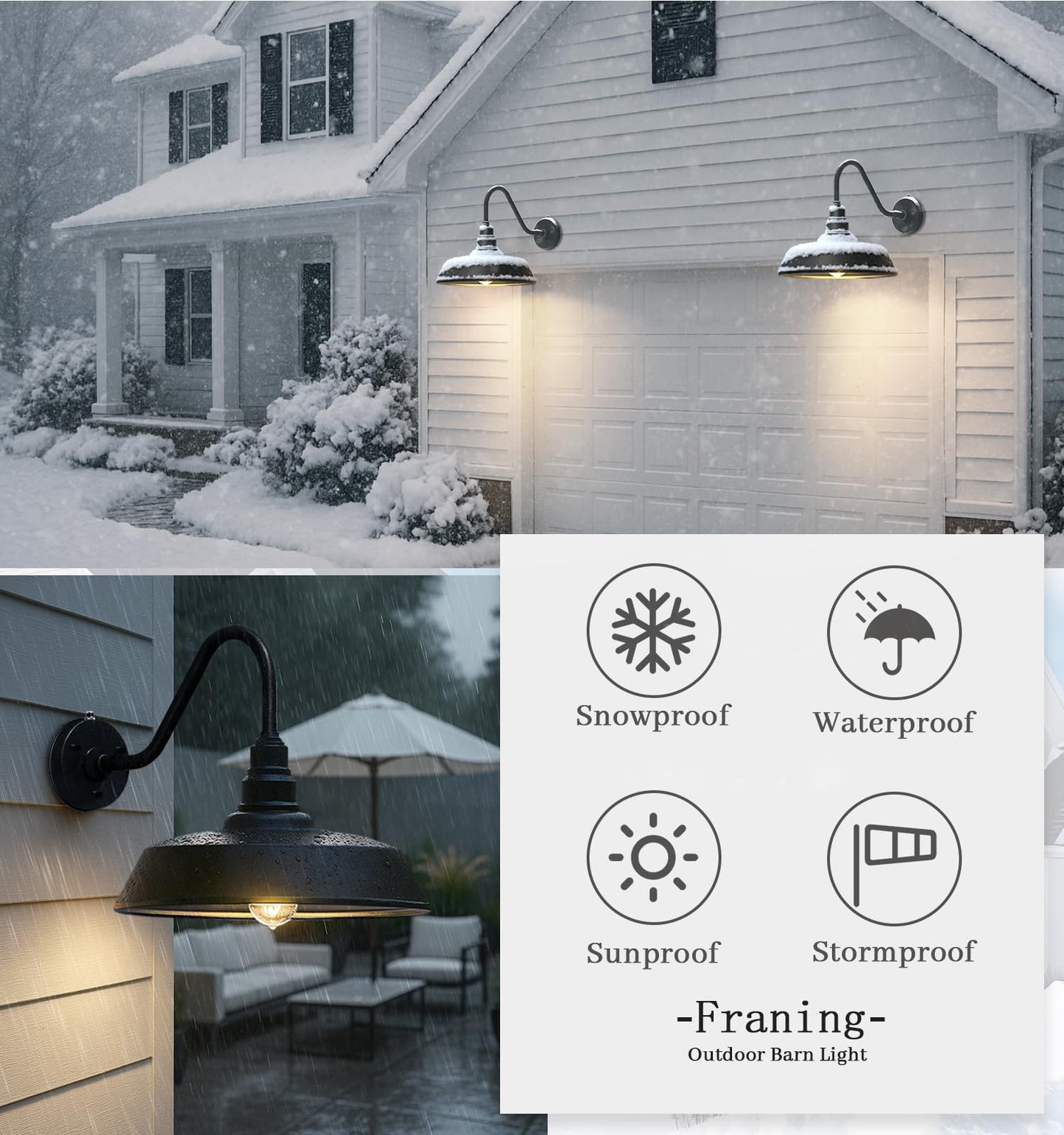 Franing 21" Large Gooseneck Barn Light Outdoor 2-Pack, Dusk to Dawn Black Exterior Light Fixture for Farmhouse, Porch, Patio, Gooseneck Lighting