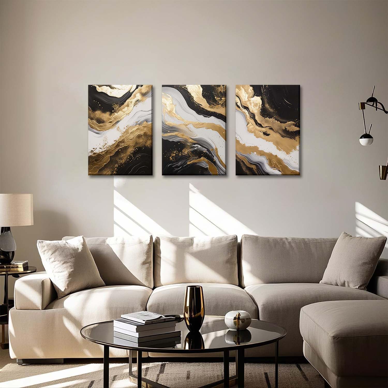 ZQARTZZQ 3 Piece Framed Wall Art Abstract Wall Decor Black Gold Pictures Marble Canvas Art Modern Minimalism Paintings Artwork For Living Room Bedroom Office 16x24in