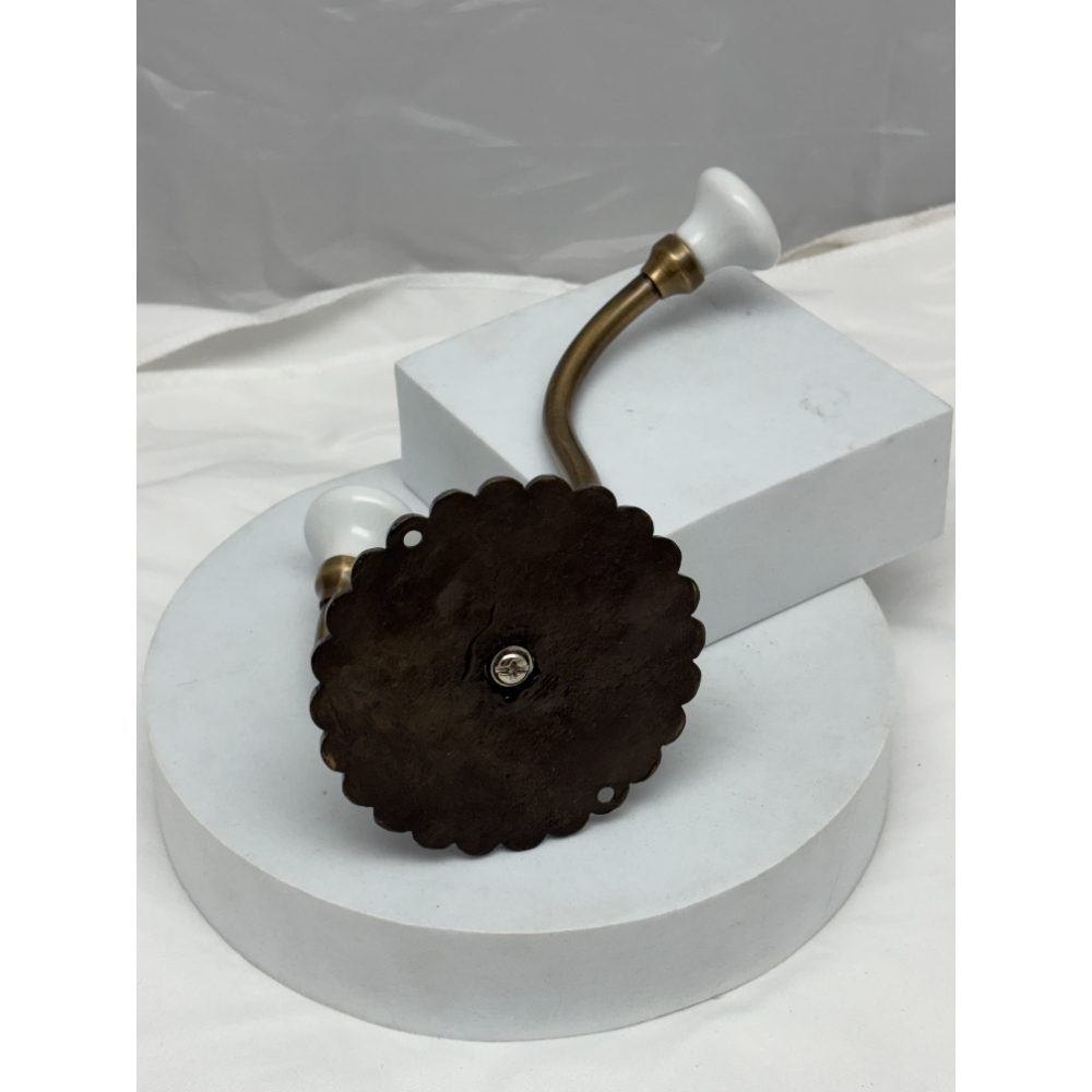 Signature Hardware Beaded Floral Brass Double Hook with Porcelain Knobs