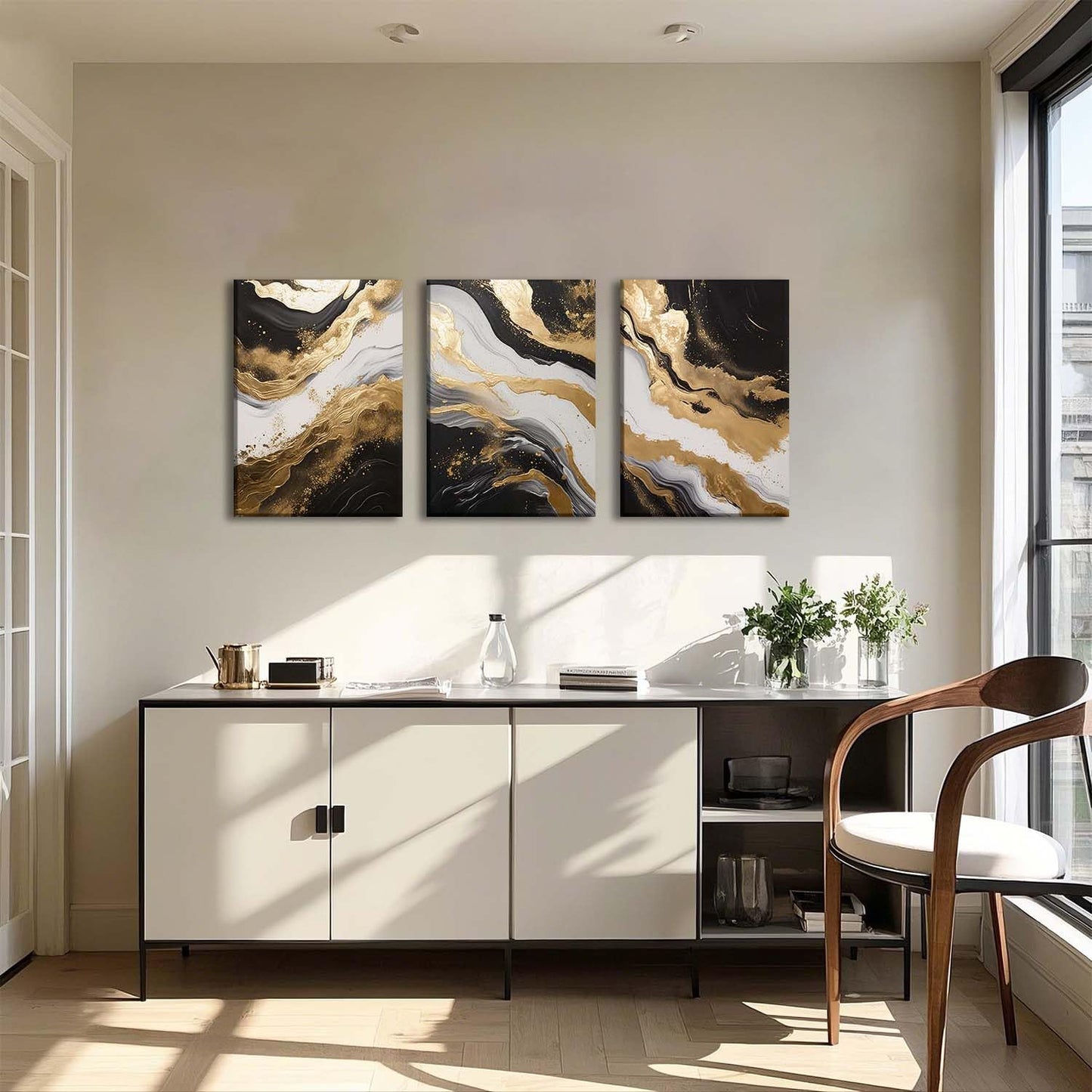 ZQARTZZQ 3 Piece Framed Wall Art Abstract Wall Decor Black Gold Pictures Marble Canvas Art Modern Minimalism Paintings Artwork For Living Room Bedroom Office 16x24in