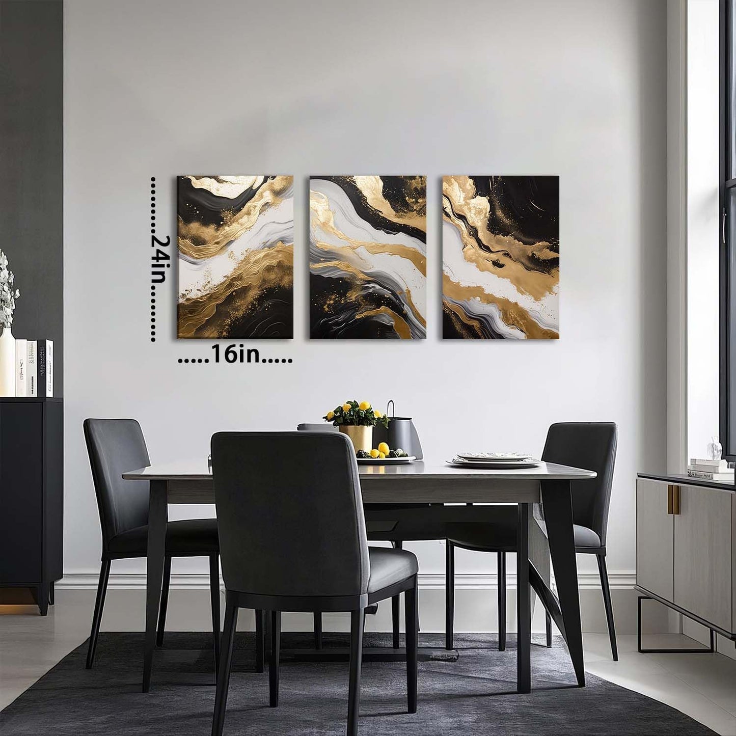 ZQARTZZQ 3 Piece Framed Wall Art Abstract Wall Decor Black Gold Pictures Marble Canvas Art Modern Minimalism Paintings Artwork For Living Room Bedroom Office 16x24in
