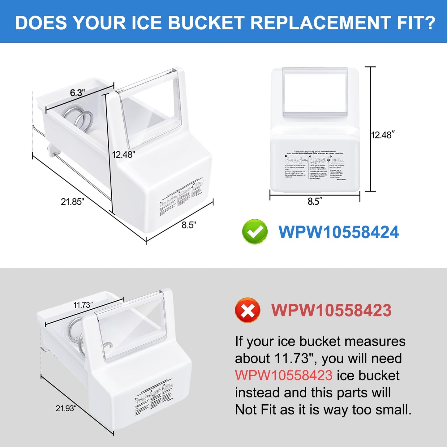 Upgraded WPW10558424 Refrigerator Ice Bucket Compatible with Whirlpool Ice Bin Replacement W10558424 Whirlpool Ice Maker Replacement WRS321SDHZ01 WRS321SDHZ05 WRS321SDHZ08 WRS322FDAM04 Ice Maker Tray