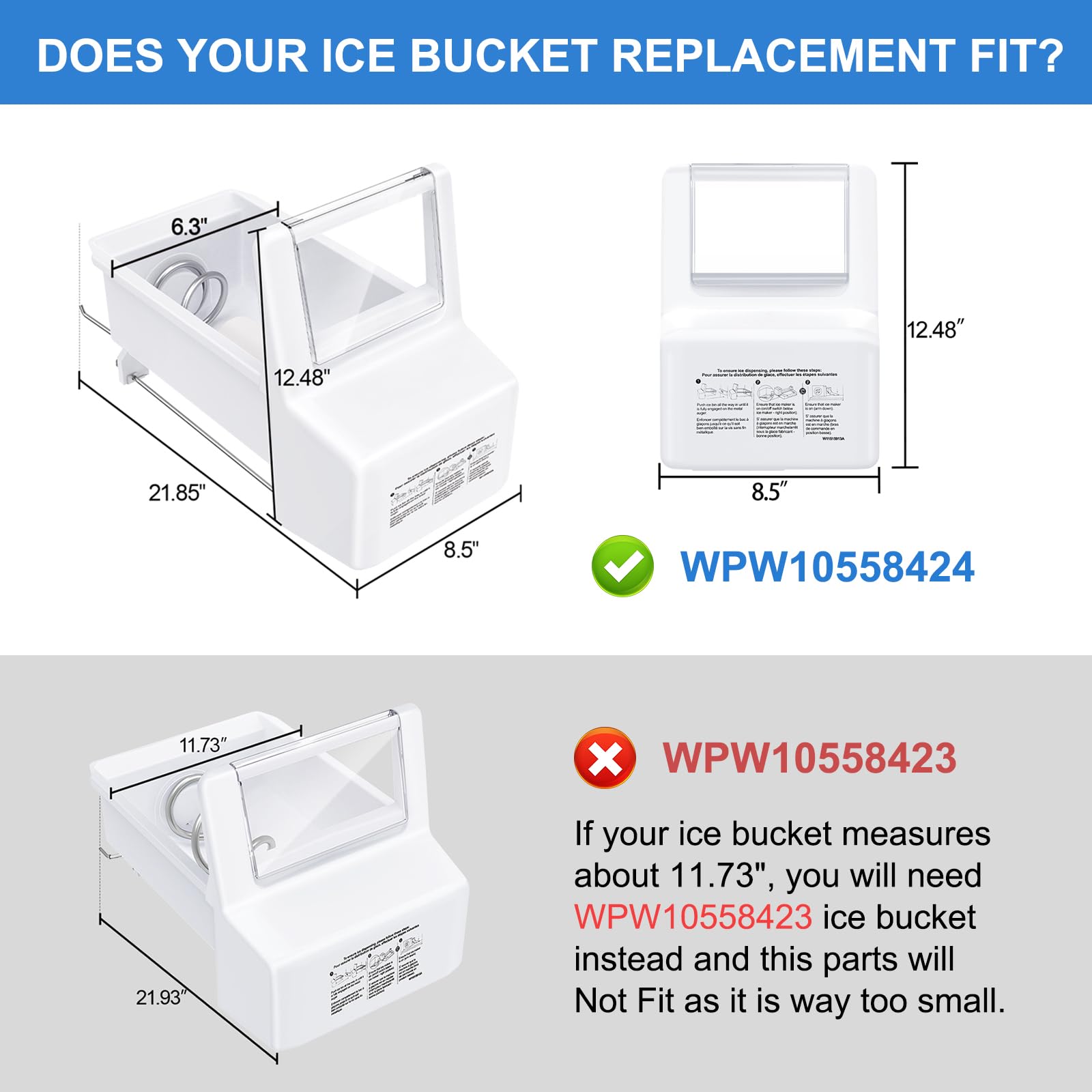 Upgraded WPW10558424 Refrigerator Ice Bucket Compatible with Whirlpool Ice Bin Replacement W10558424 Whirlpool Ice Maker Replacement WRS321SDHZ01 WRS321SDHZ05 WRS321SDHZ08 WRS322FDAM04 Ice Maker Tray