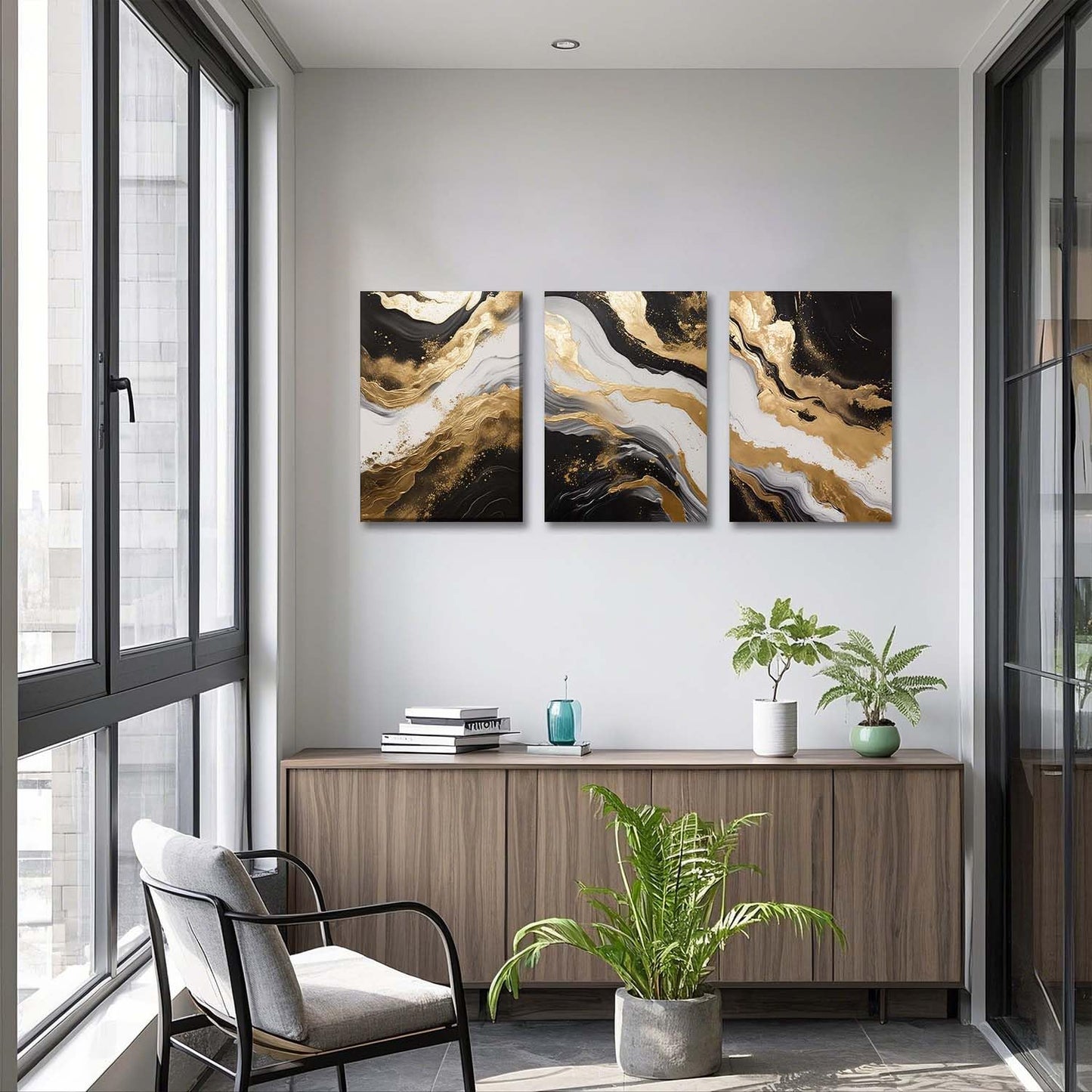 ZQARTZZQ 3 Piece Framed Wall Art Abstract Wall Decor Black Gold Pictures Marble Canvas Art Modern Minimalism Paintings Artwork For Living Room Bedroom Office 16x24in